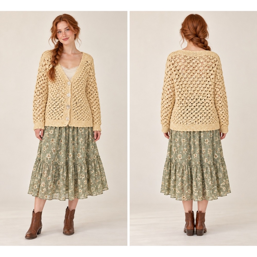 Boho Chunky Thick Cottage Butter Yellow Crochet Popcorn Knit L Cardigan Sweater